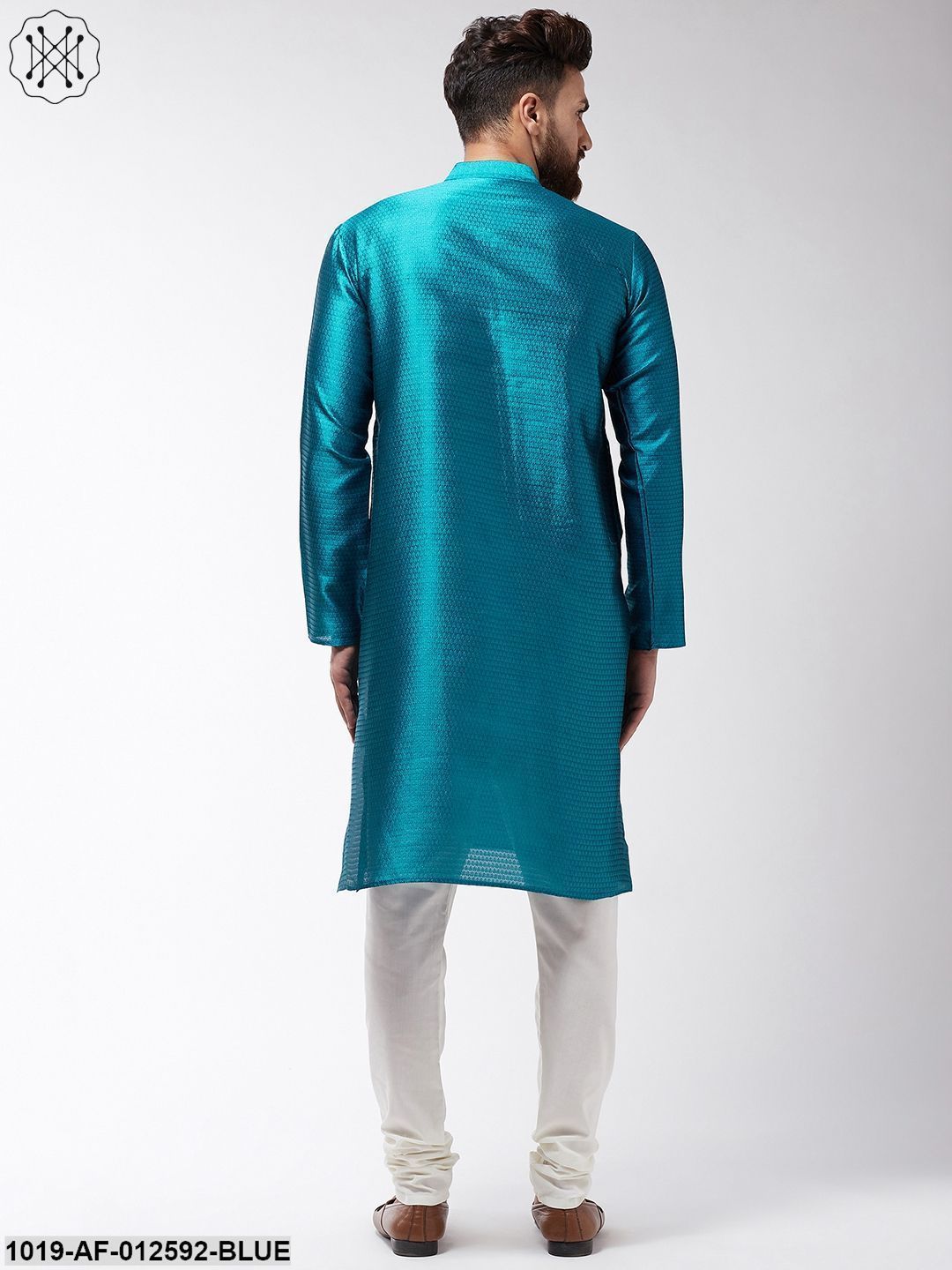 Men's Silk Blend Peacock Blue Kurta & Off-White Churidar Pyjama Set