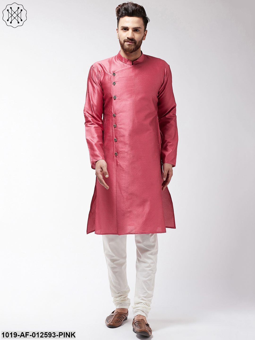 Men's Silk Blend Pink Kurta & Off-White Churidar Pyjama Set