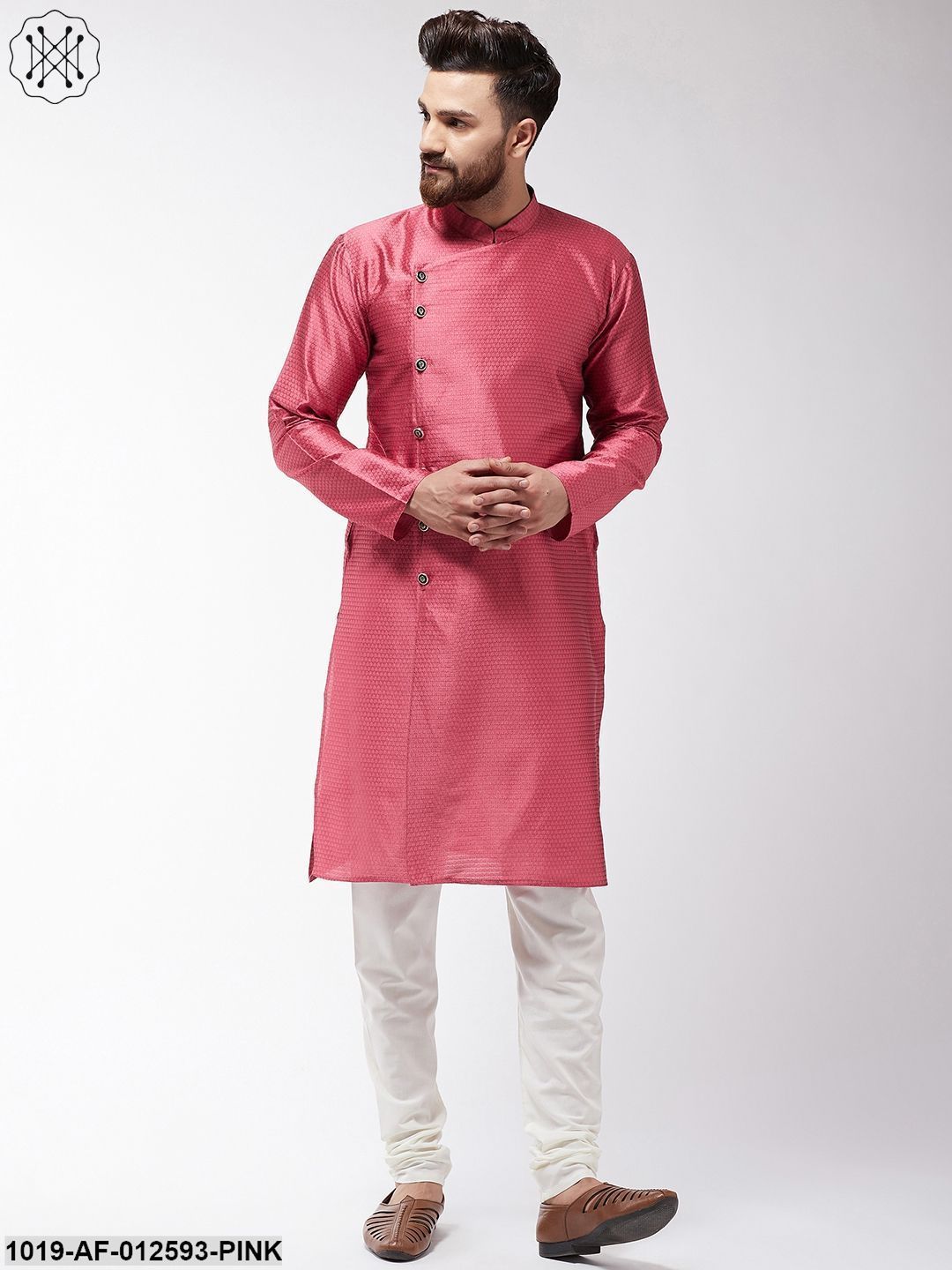 Men's Silk Blend Pink Kurta & Off-White Churidar Pyjama Set