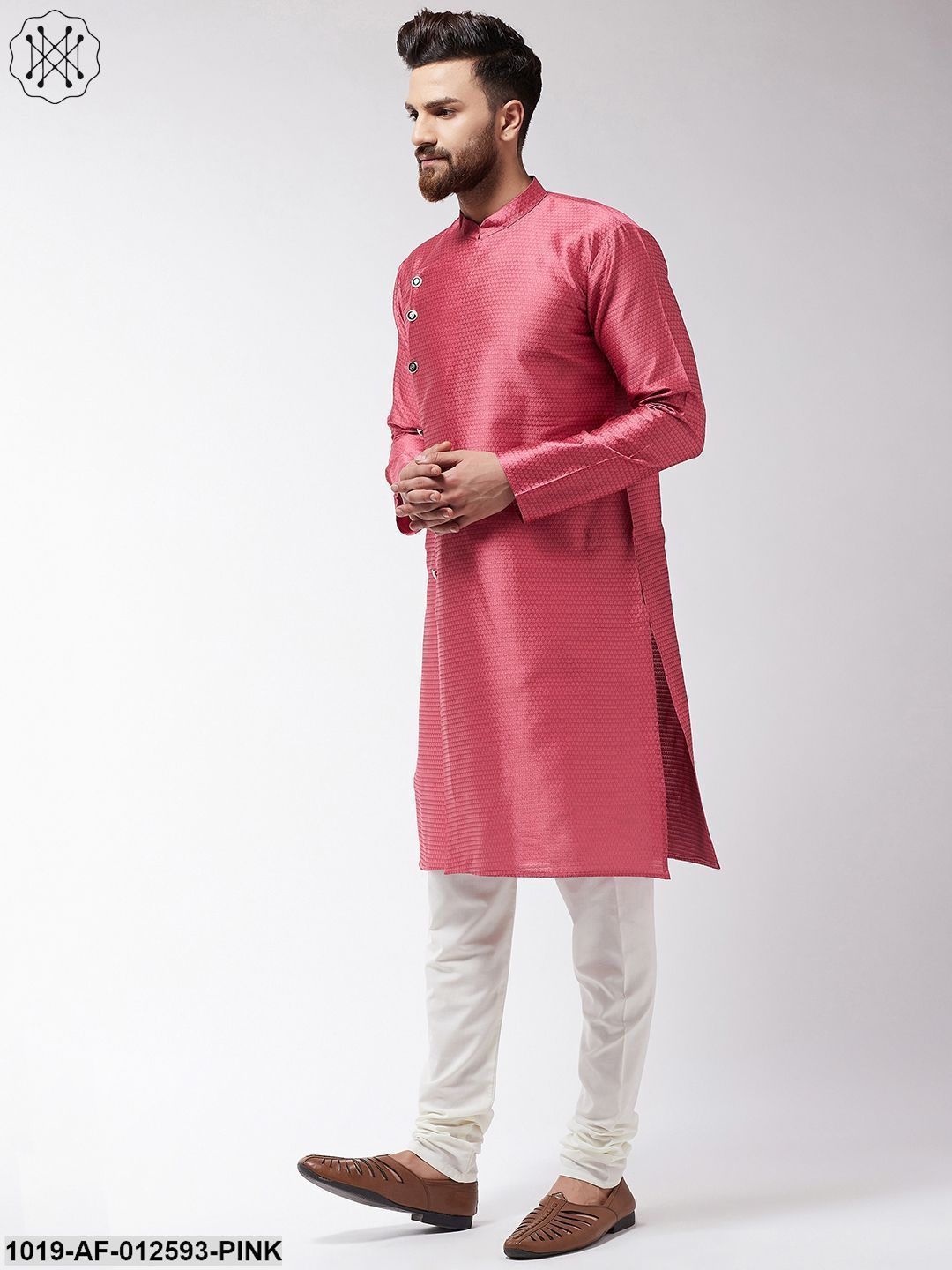 Men's Silk Blend Pink Kurta & Off-White Churidar Pyjama Set