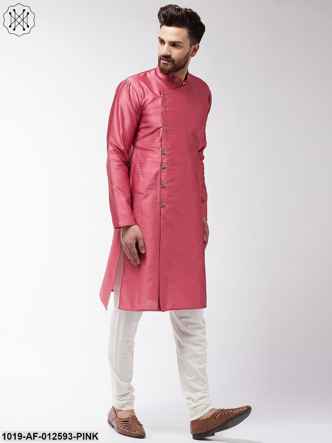 Men's Silk Blend Pink Kurta & Off-White Churidar Pyjama Set