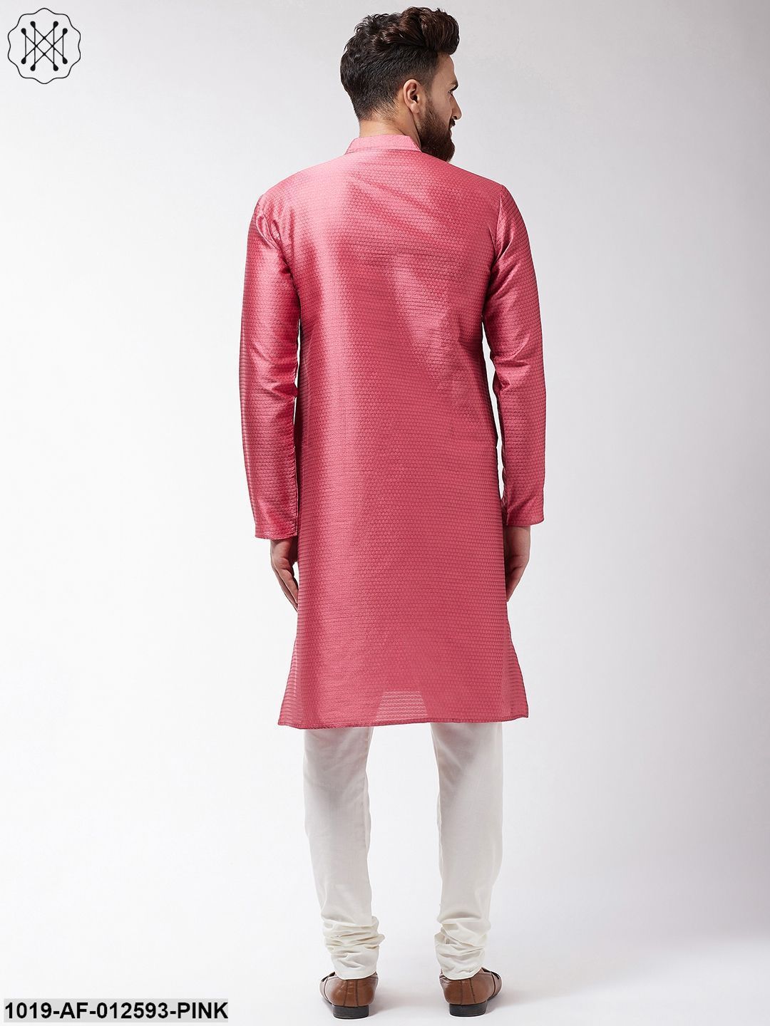 Men's Silk Blend Pink Kurta & Off-White Churidar Pyjama Set