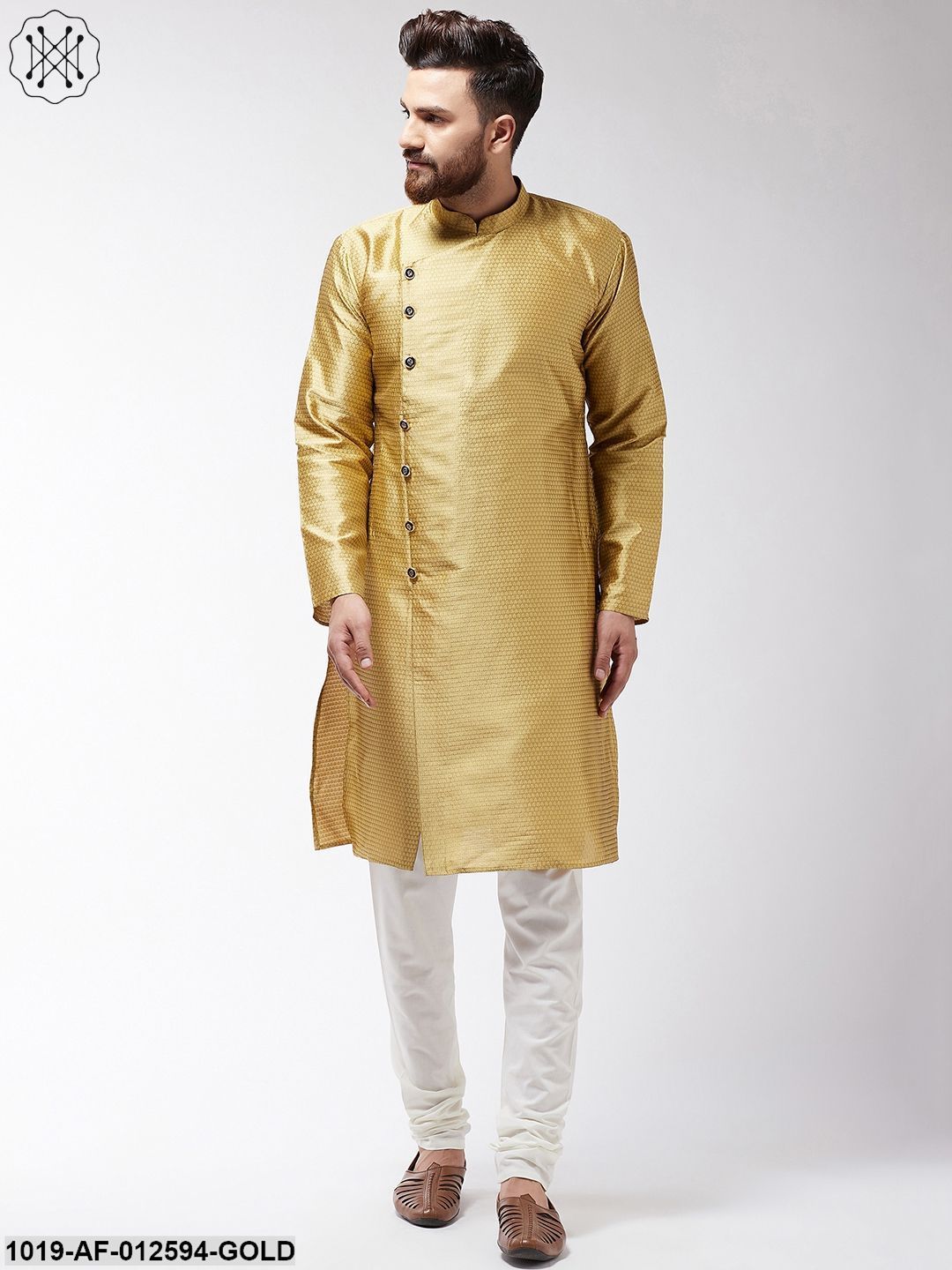 Men's Silk Blend Gold Kurta & Off-White Churidar Pyjama Set