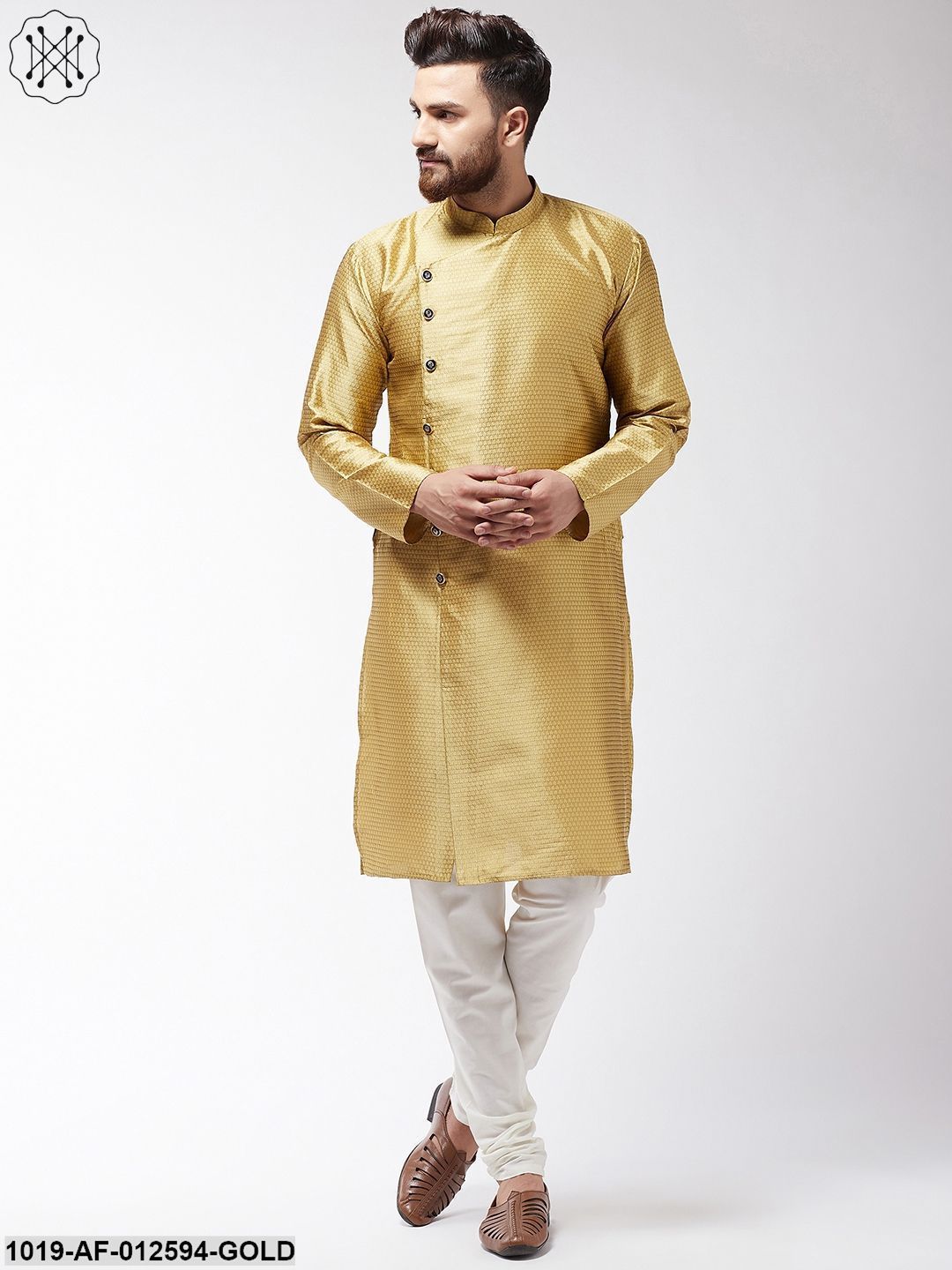 Men's Silk Blend Gold Kurta & Off-White Churidar Pyjama Set