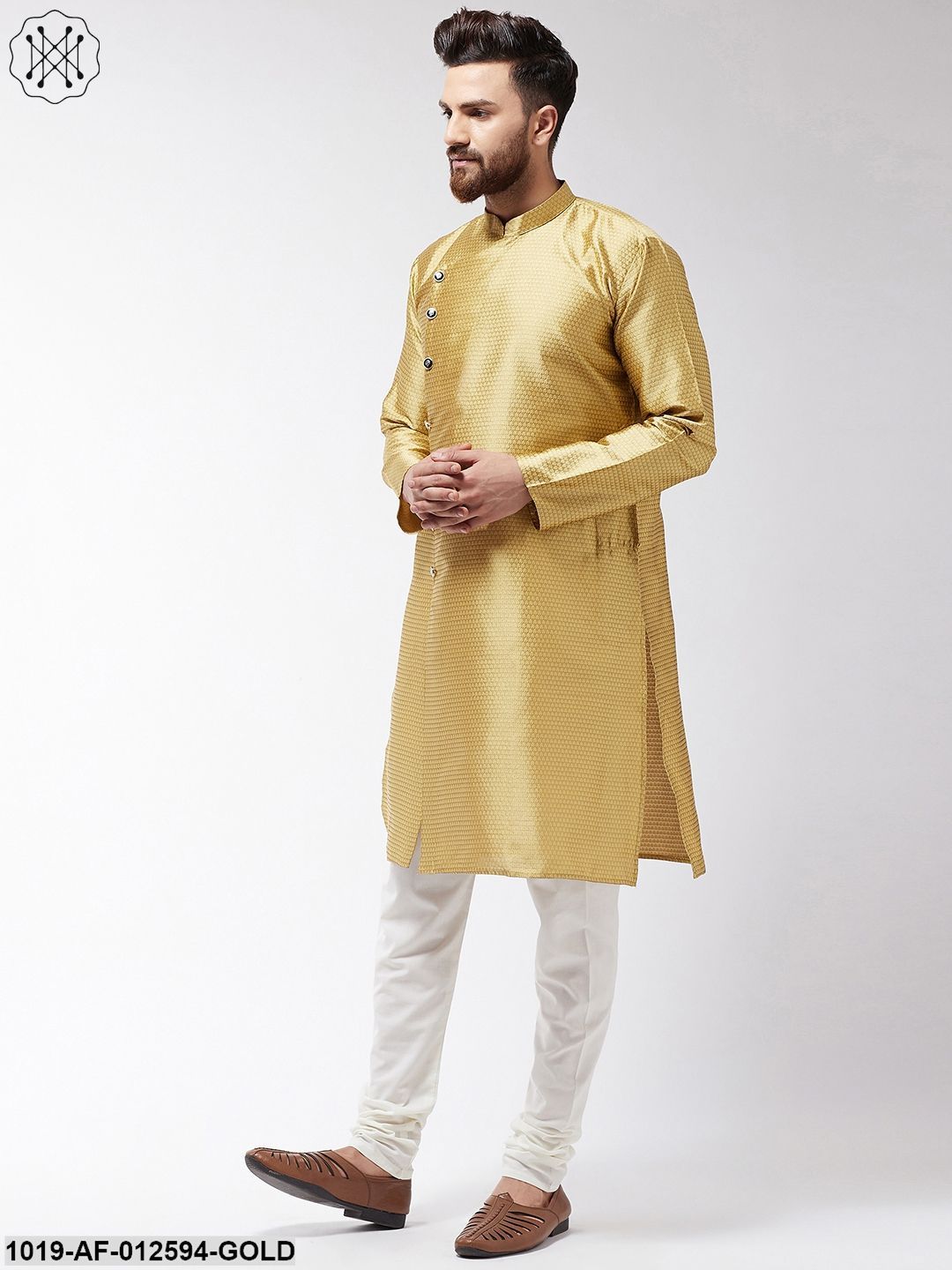 Men's Silk Blend Gold Kurta & Off-White Churidar Pyjama Set