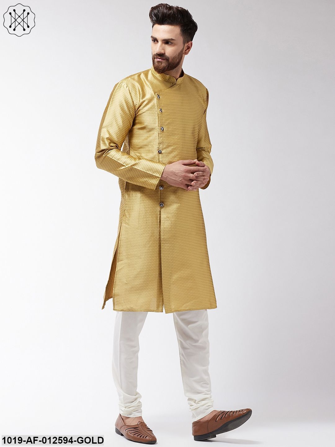Men's Silk Blend Gold Kurta & Off-White Churidar Pyjama Set