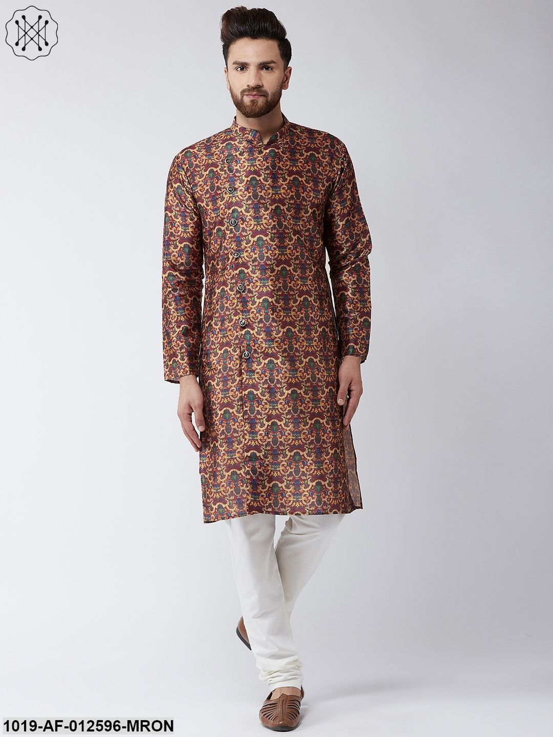 Men's Silk Blend Maroon Printed Kurta & Off-White Churidar Pyjama Set