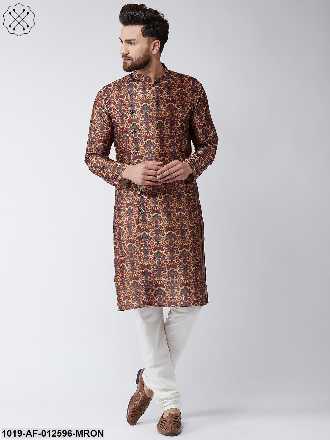 Men's Silk Blend Maroon Printed Kurta & Off-White Churidar Pyjama Set