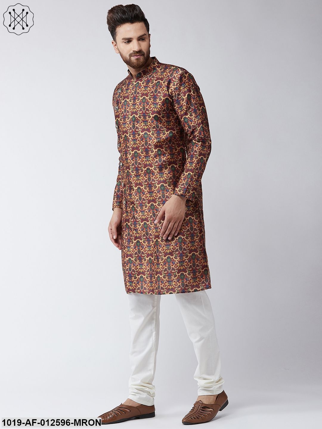 Men's Silk Blend Maroon Printed Kurta & Off-White Churidar Pyjama Set