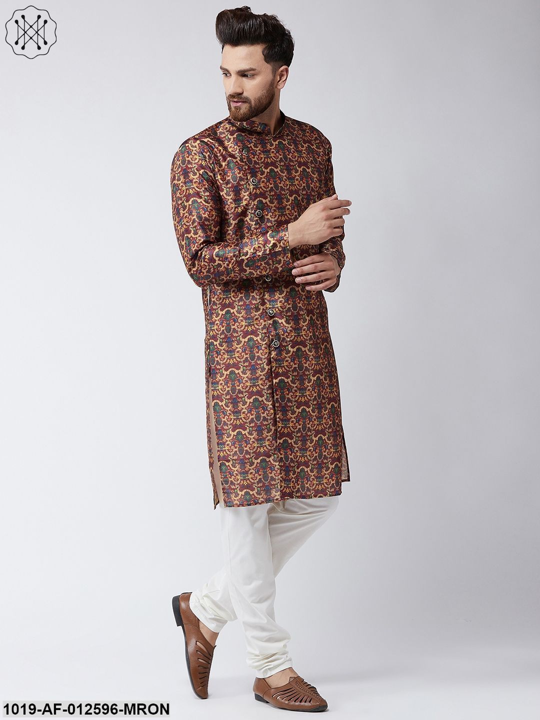 Men's Silk Blend Maroon Printed Kurta & Off-White Churidar Pyjama Set