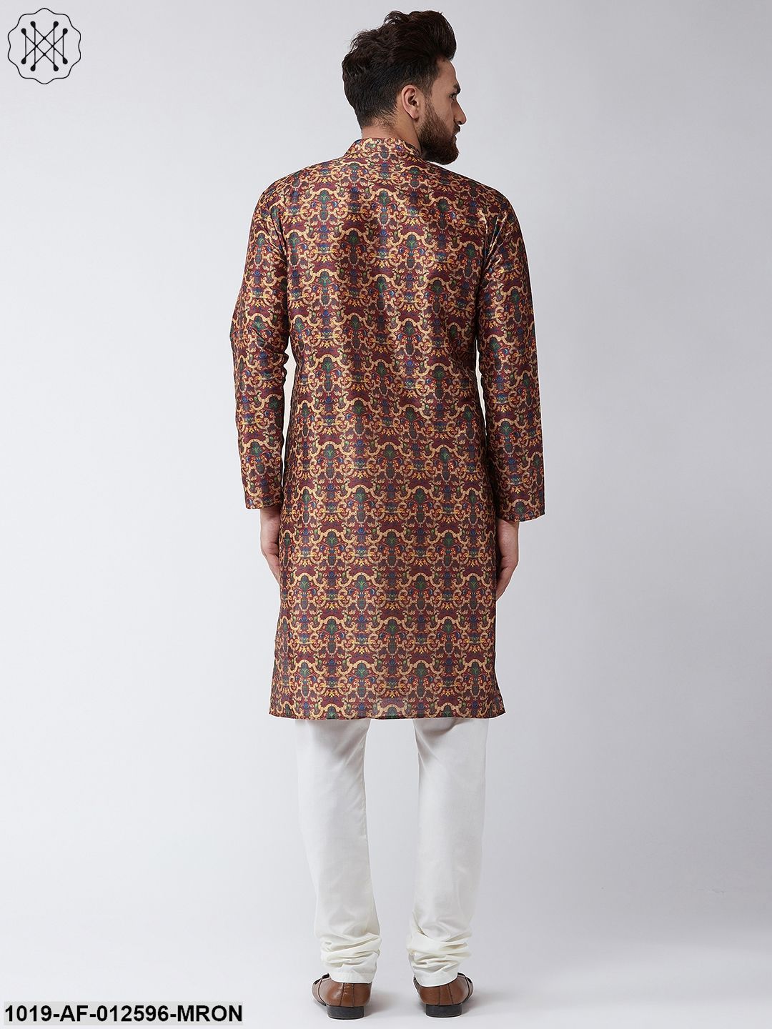 Men's Silk Blend Maroon Printed Kurta & Off-White Churidar Pyjama Set