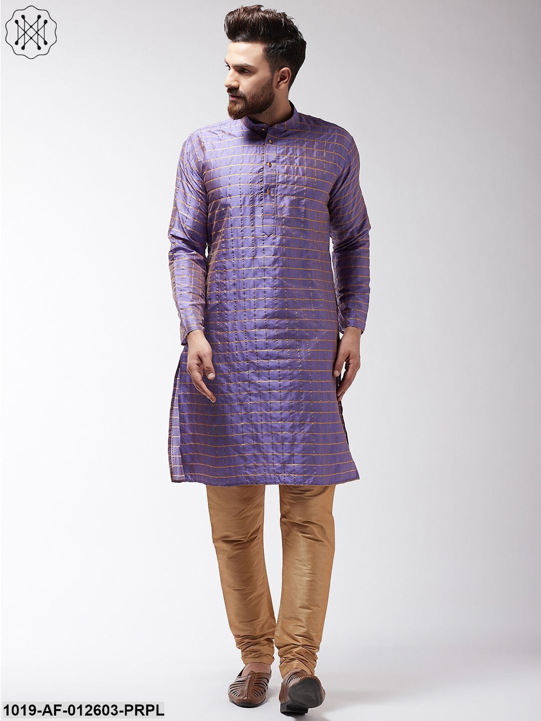 Men's Silk Blend Purple Checked Kurta & Gold Churidar Pyjama Set