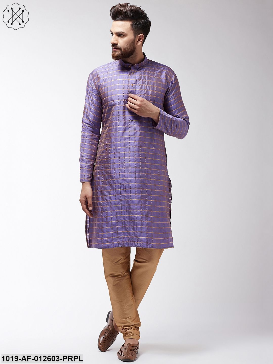 Men's Silk Blend Purple Checked Kurta & Gold Churidar Pyjama Set