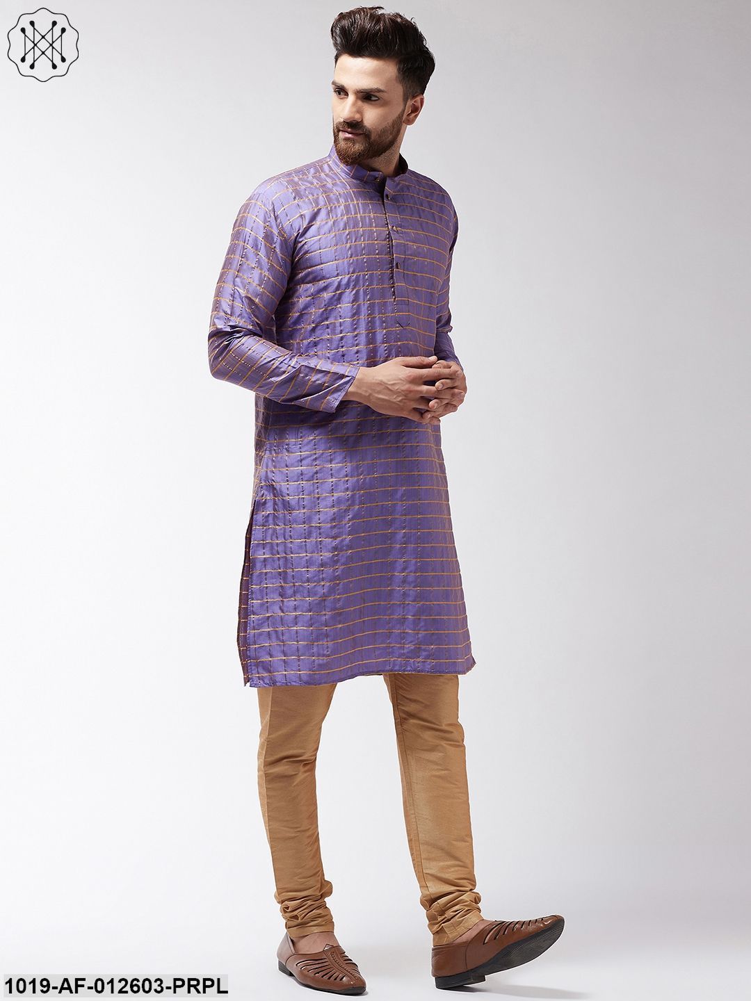 Men's Silk Blend Purple Checked Kurta & Gold Churidar Pyjama Set