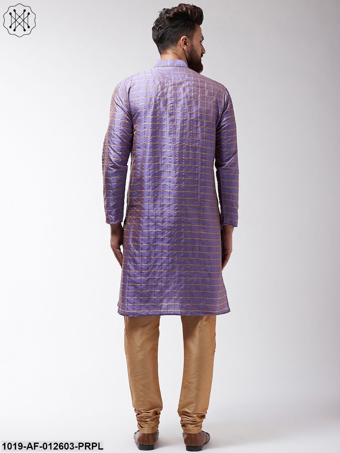 Men's Silk Blend Purple Checked Kurta & Gold Churidar Pyjama Set