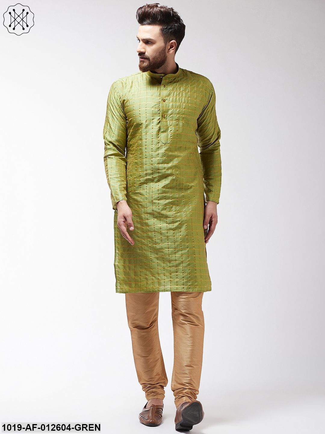 Men's Silk Blend Green Checked Kurta & Gold Churidar Pyjama Set