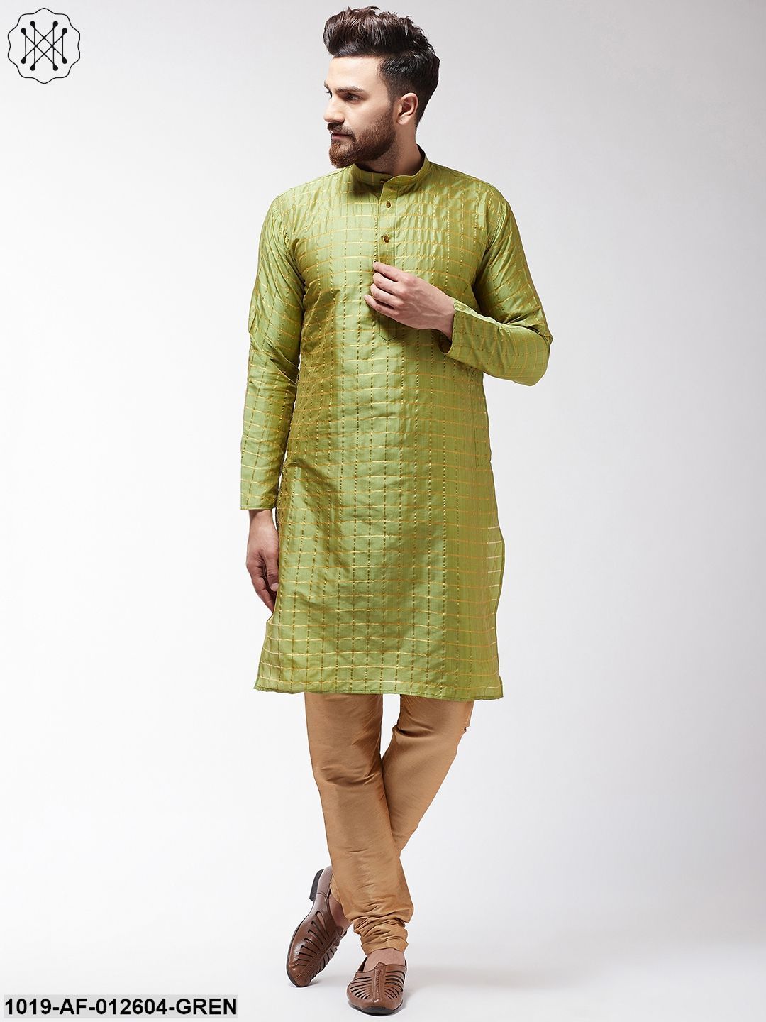 Men's Silk Blend Green Checked Kurta & Gold Churidar Pyjama Set