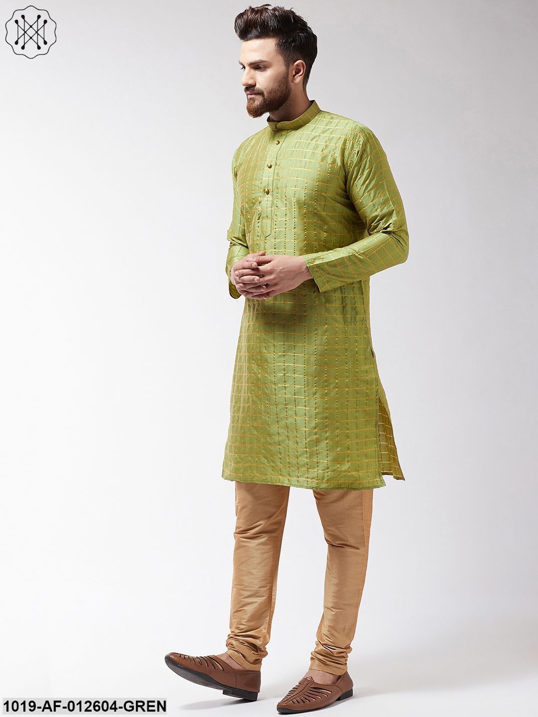 Men's Silk Blend Green Checked Kurta & Gold Churidar Pyjama Set