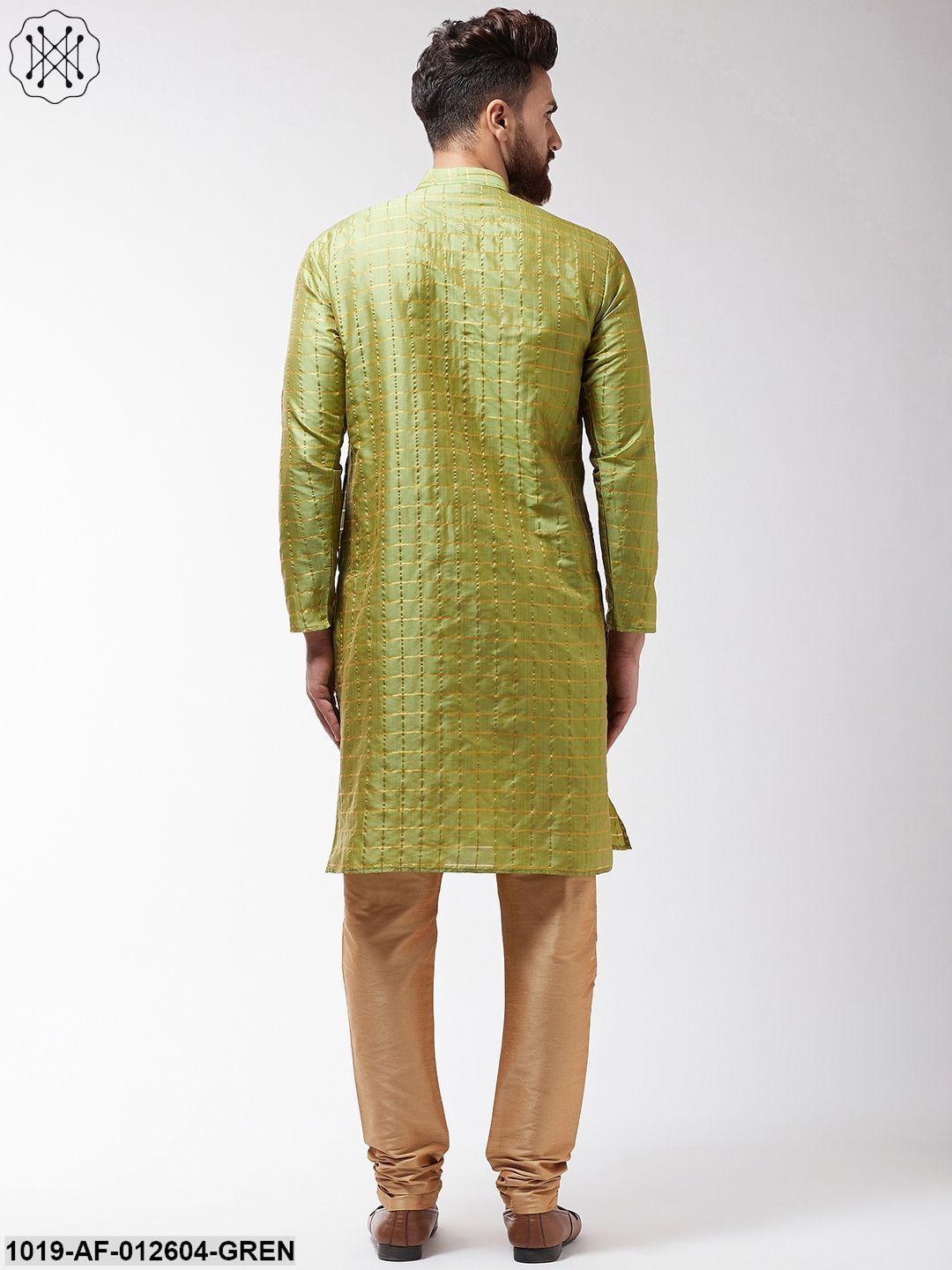 Men's Silk Blend Green Checked Kurta & Gold Churidar Pyjama Set