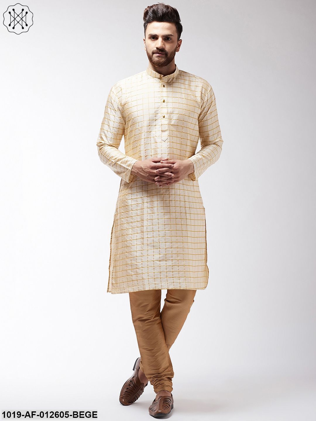 Men's Silk Blend Beige Checked Kurta & Gold Churidar Pyjama Set