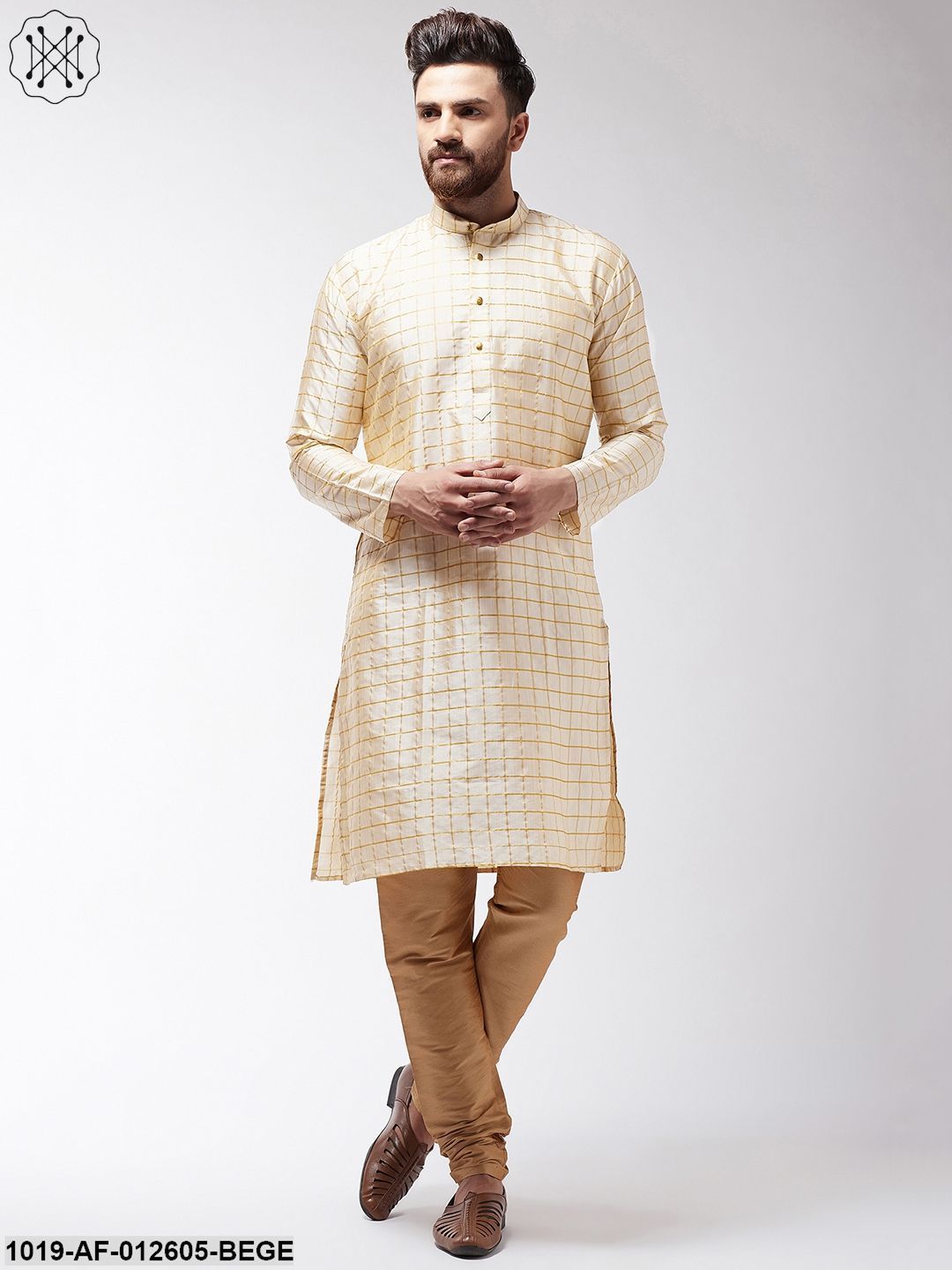 Men's Silk Blend Beige Checked Kurta & Gold Churidar Pyjama Set