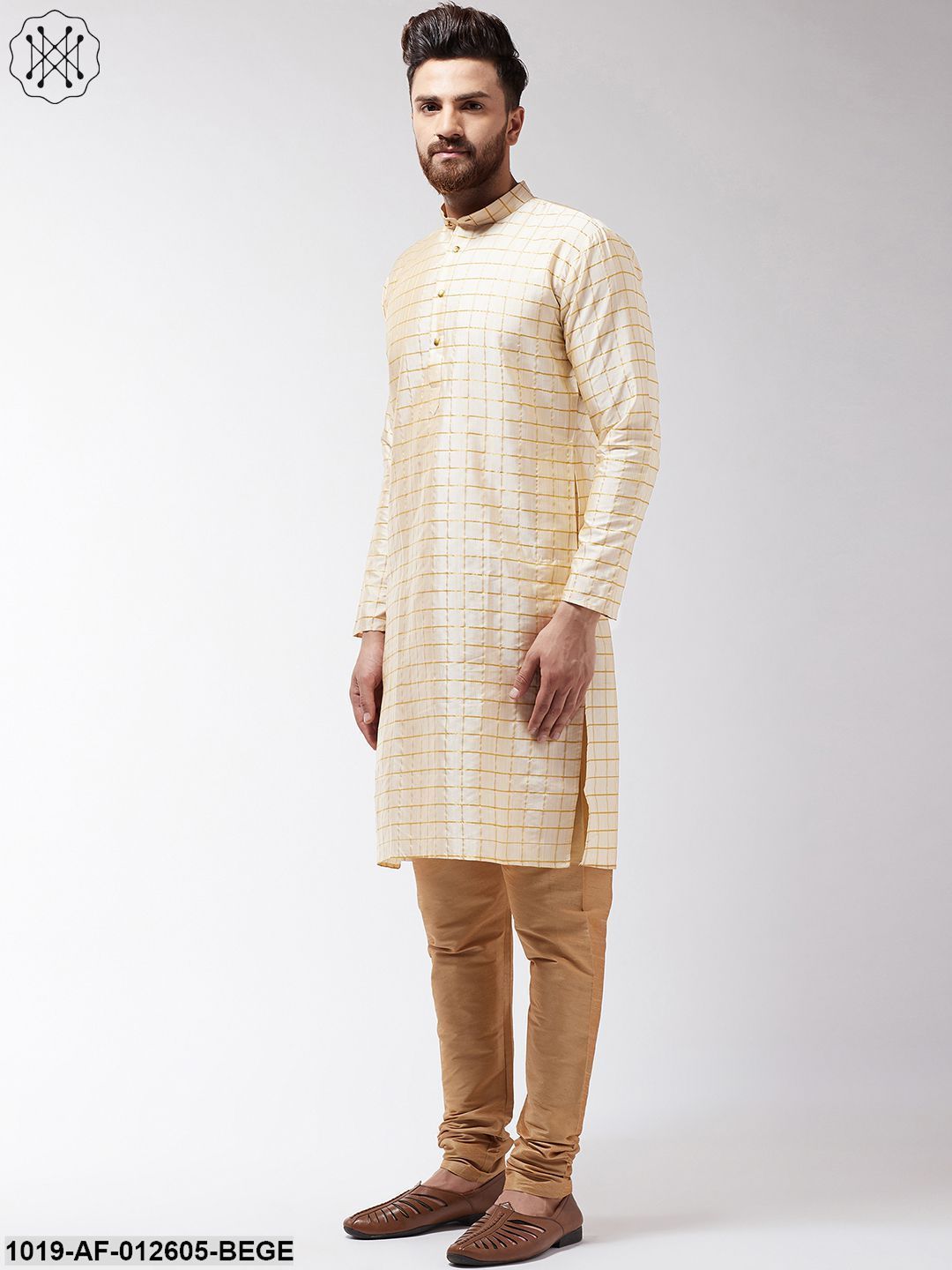 Men's Silk Blend Beige Checked Kurta & Gold Churidar Pyjama Set