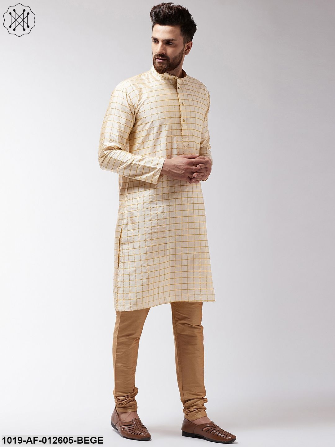 Men's Silk Blend Beige Checked Kurta & Gold Churidar Pyjama Set
