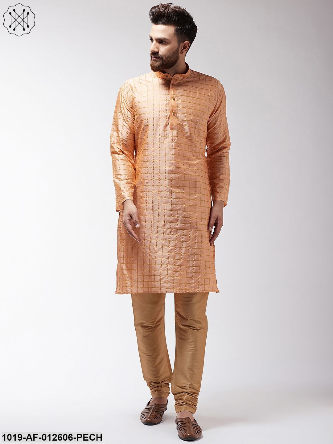 Men's Silk Blend Peach Checked Kurta & Gold Churidar Pyjama Set
