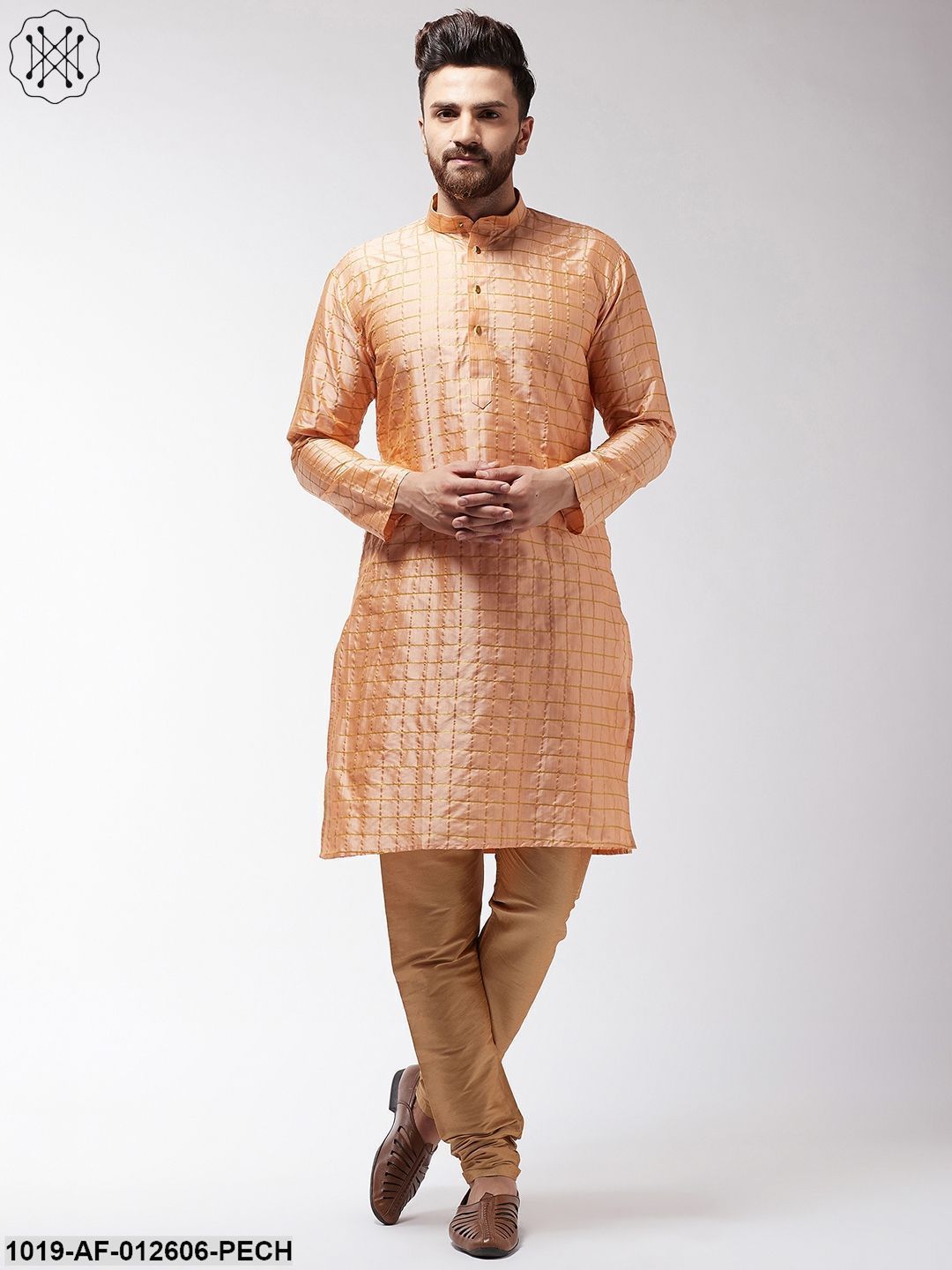 Men's Silk Blend Peach Checked Kurta & Gold Churidar Pyjama Set