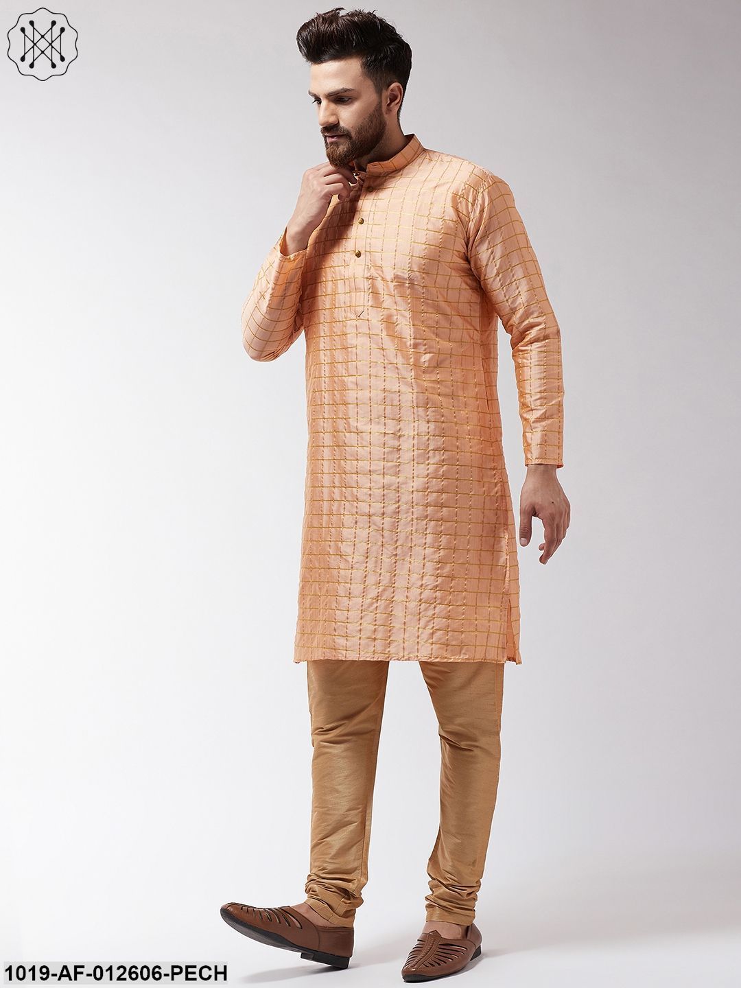 Men's Silk Blend Peach Checked Kurta & Gold Churidar Pyjama Set
