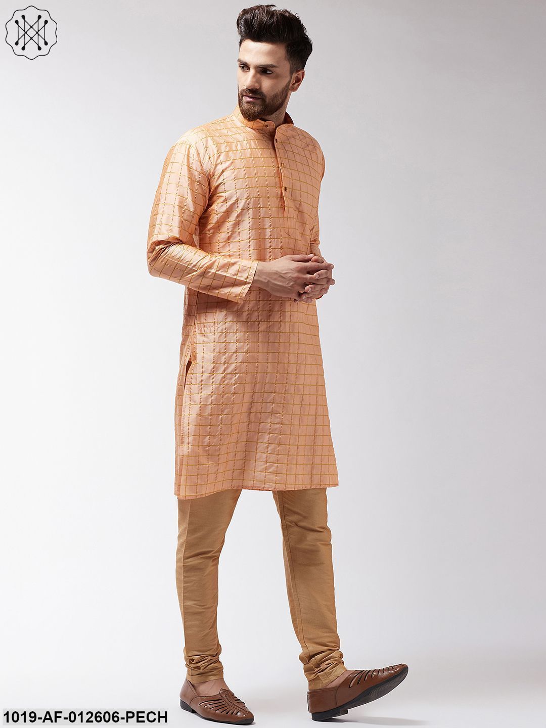 Men's Silk Blend Peach Checked Kurta & Gold Churidar Pyjama Set