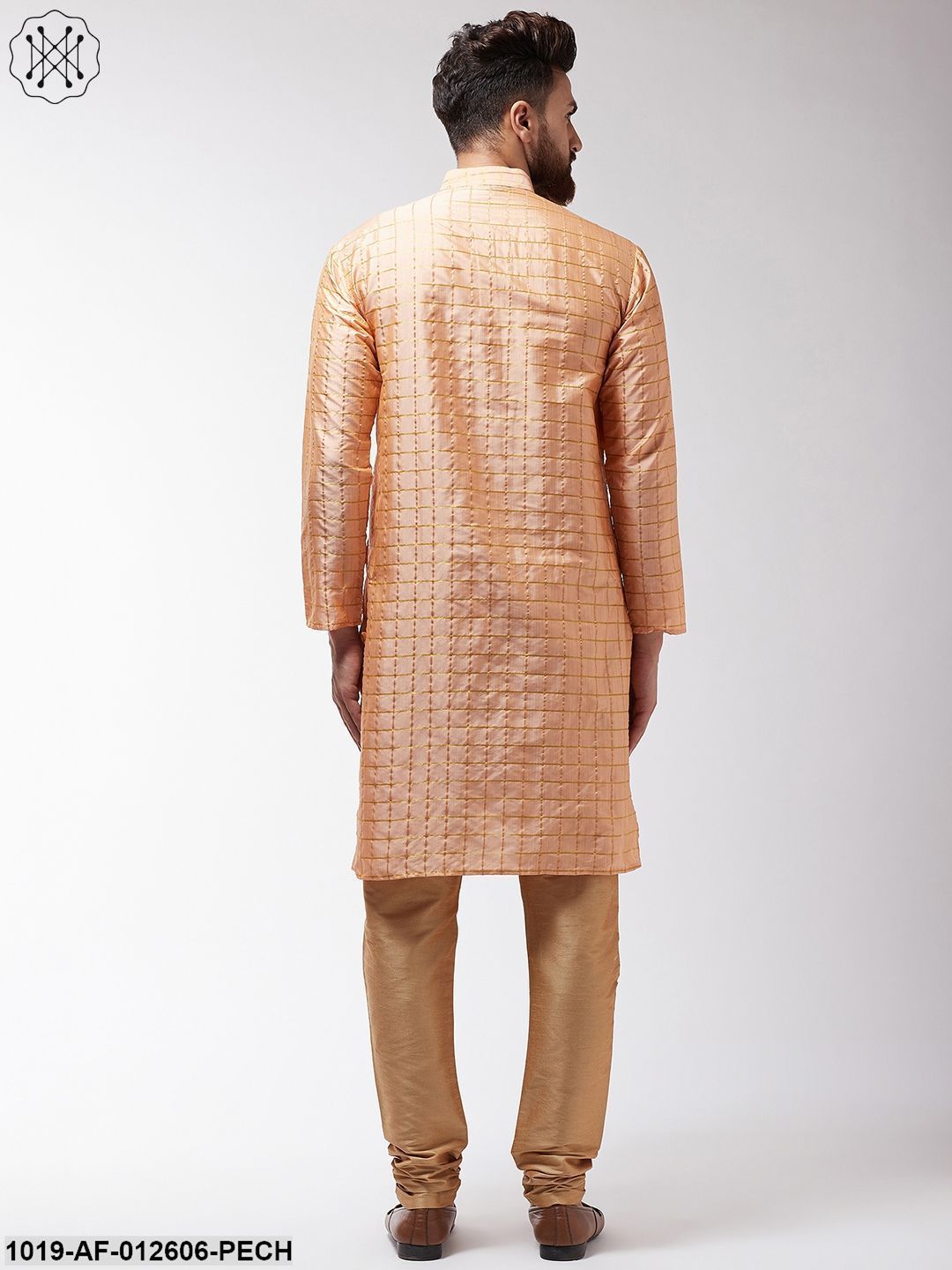 Men's Silk Blend Peach Checked Kurta & Gold Churidar Pyjama Set