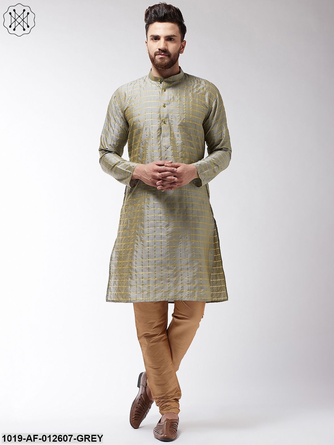 Men's Silk Blend Grey Checked Kurta & Gold Churidar Pyjama Set