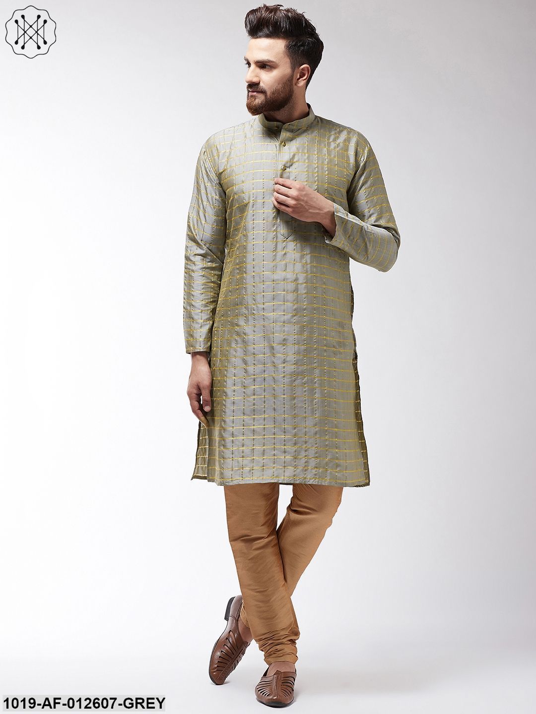 Men's Silk Blend Grey Checked Kurta & Gold Churidar Pyjama Set