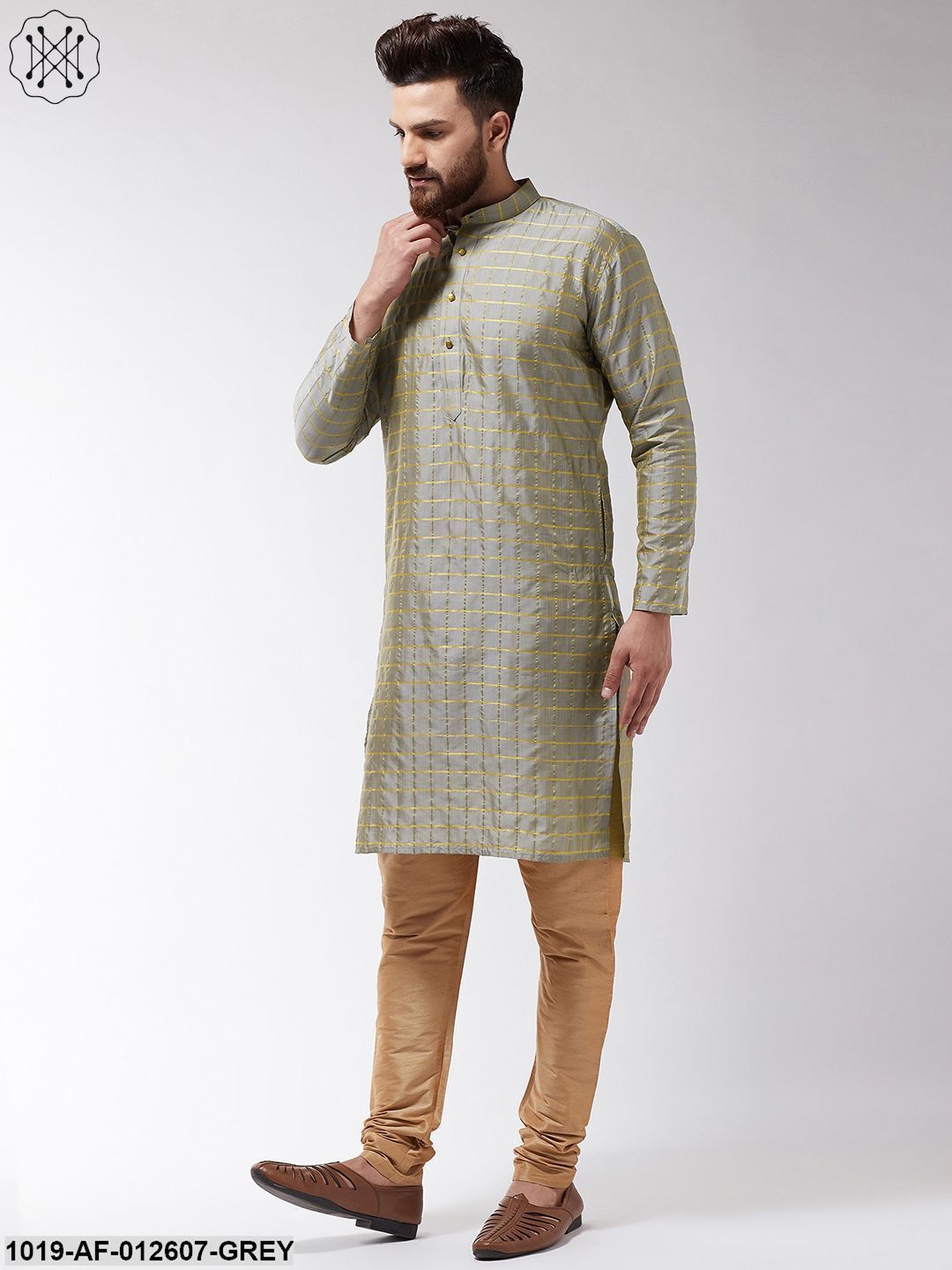 Men's Silk Blend Grey Checked Kurta & Gold Churidar Pyjama Set