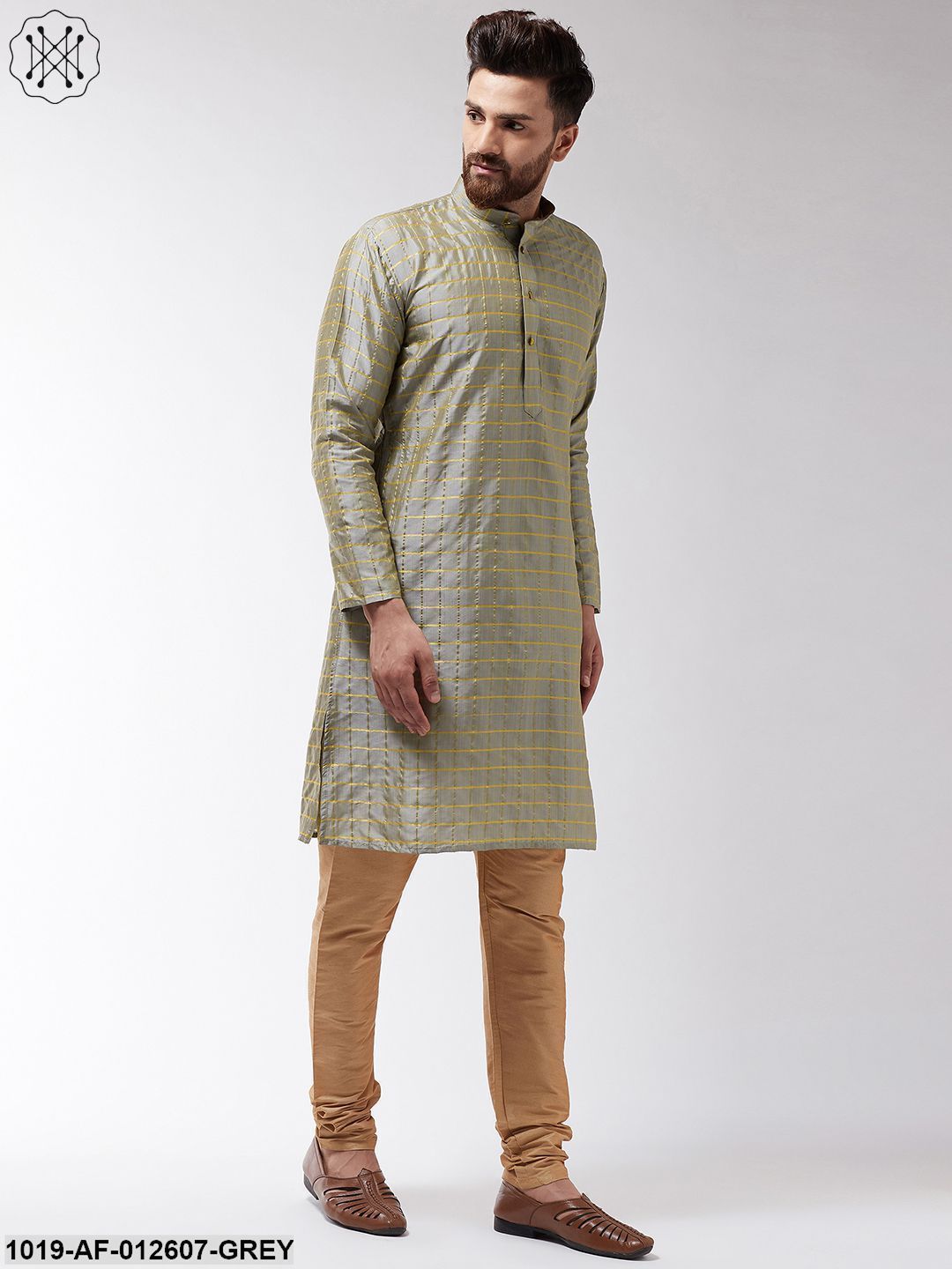 Men's Silk Blend Grey Checked Kurta & Gold Churidar Pyjama Set