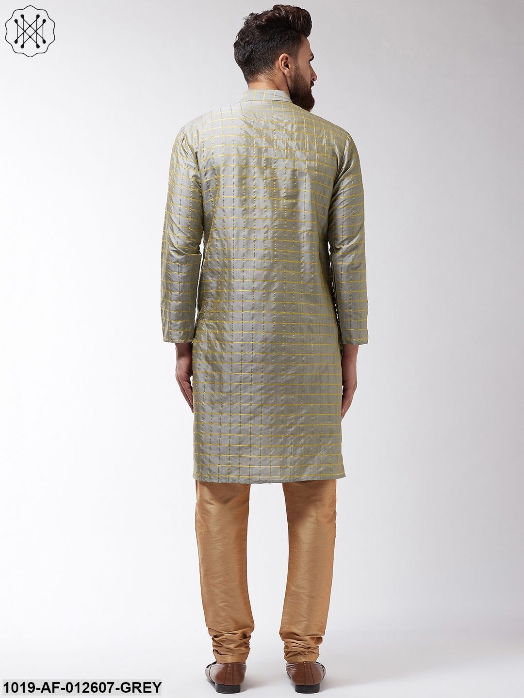 Men's Silk Blend Grey Checked Kurta & Gold Churidar Pyjama Set