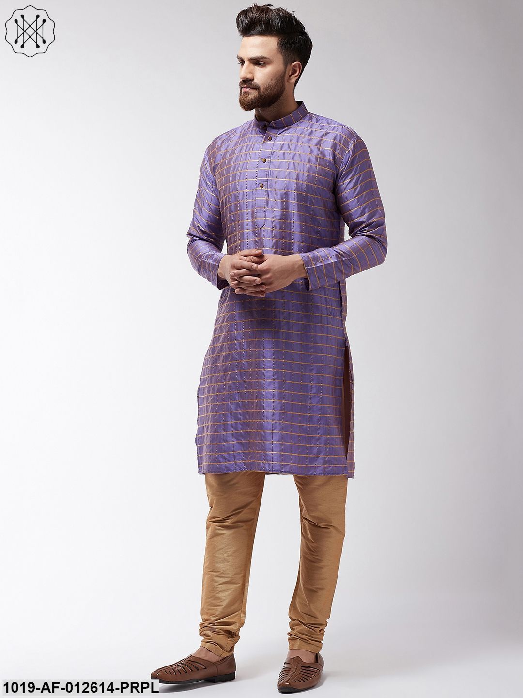 Men's Silk Blend Purple Checked Kurta & Gold Churidar Pyjama Set