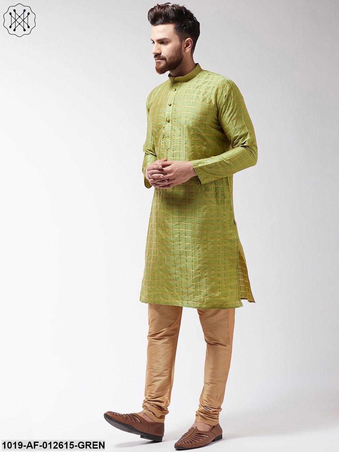 Men's Silk Blend Green Checked Kurta & Gold Churidar Pyjama Set