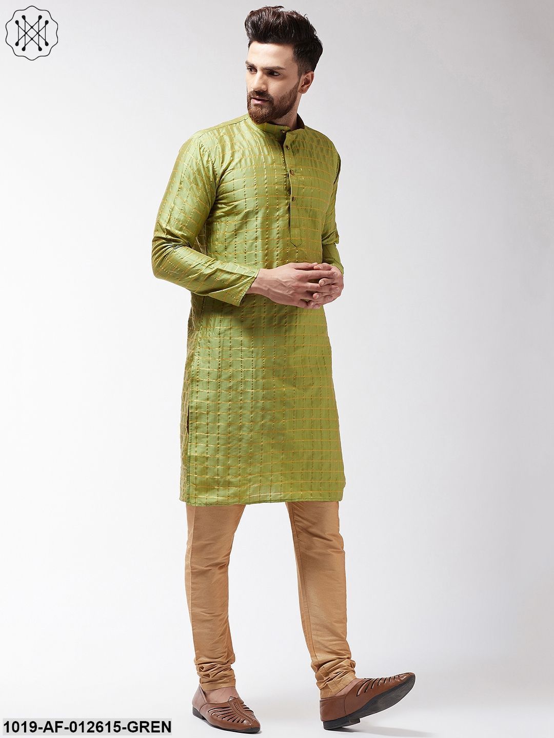 Men's Silk Blend Green Checked Kurta & Gold Churidar Pyjama Set