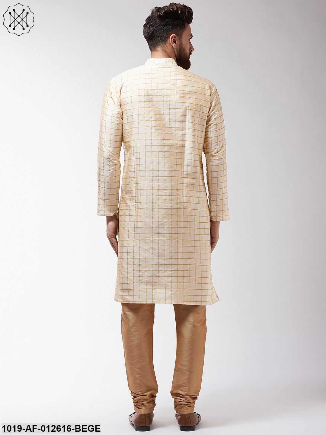Men's Silk Blend Beige Checked Kurta & Gold Churidar Pyjama Set