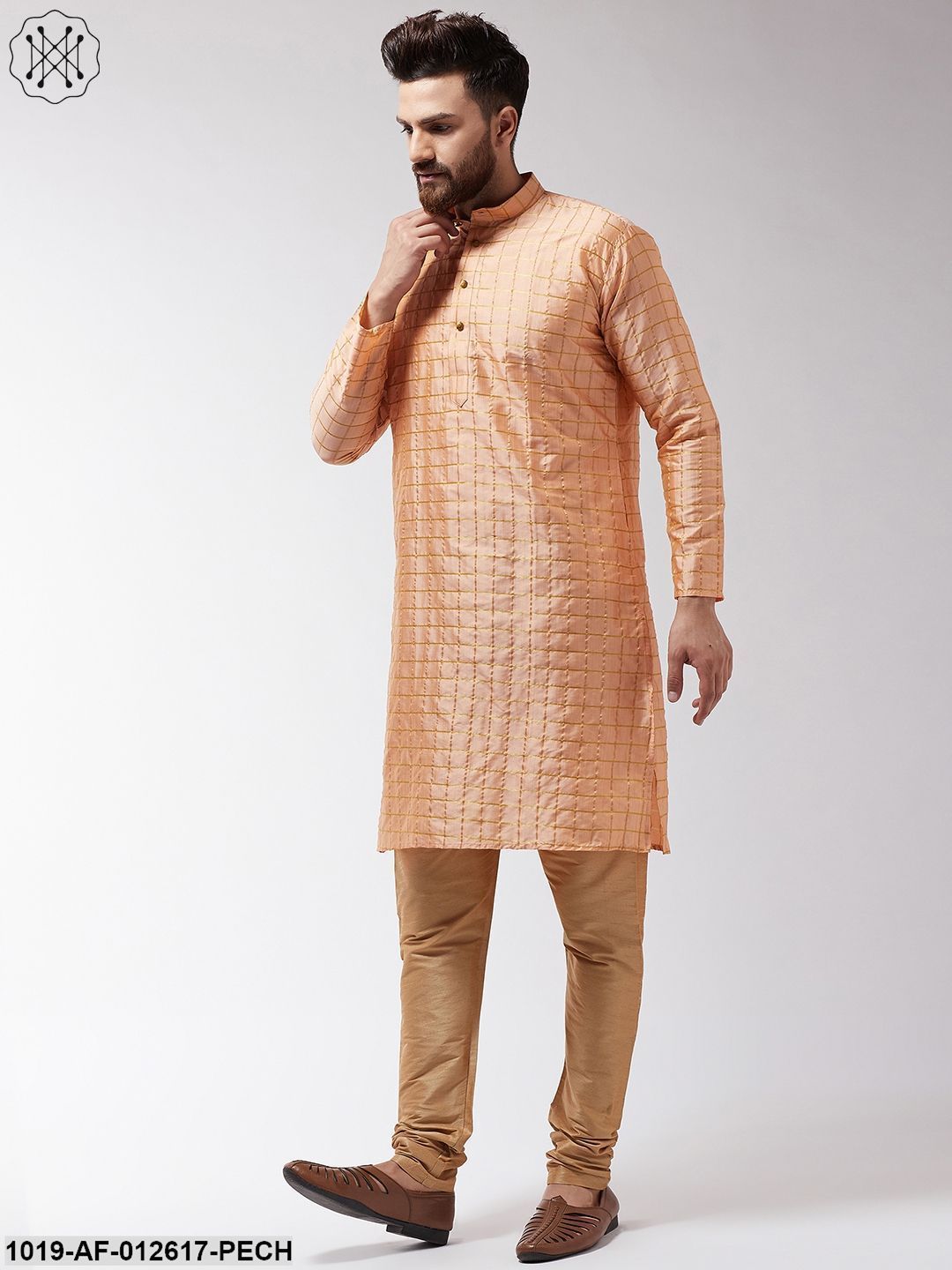 Men's Silk Blend Peach Checked Kurta & Gold Churidar Pyjama Set