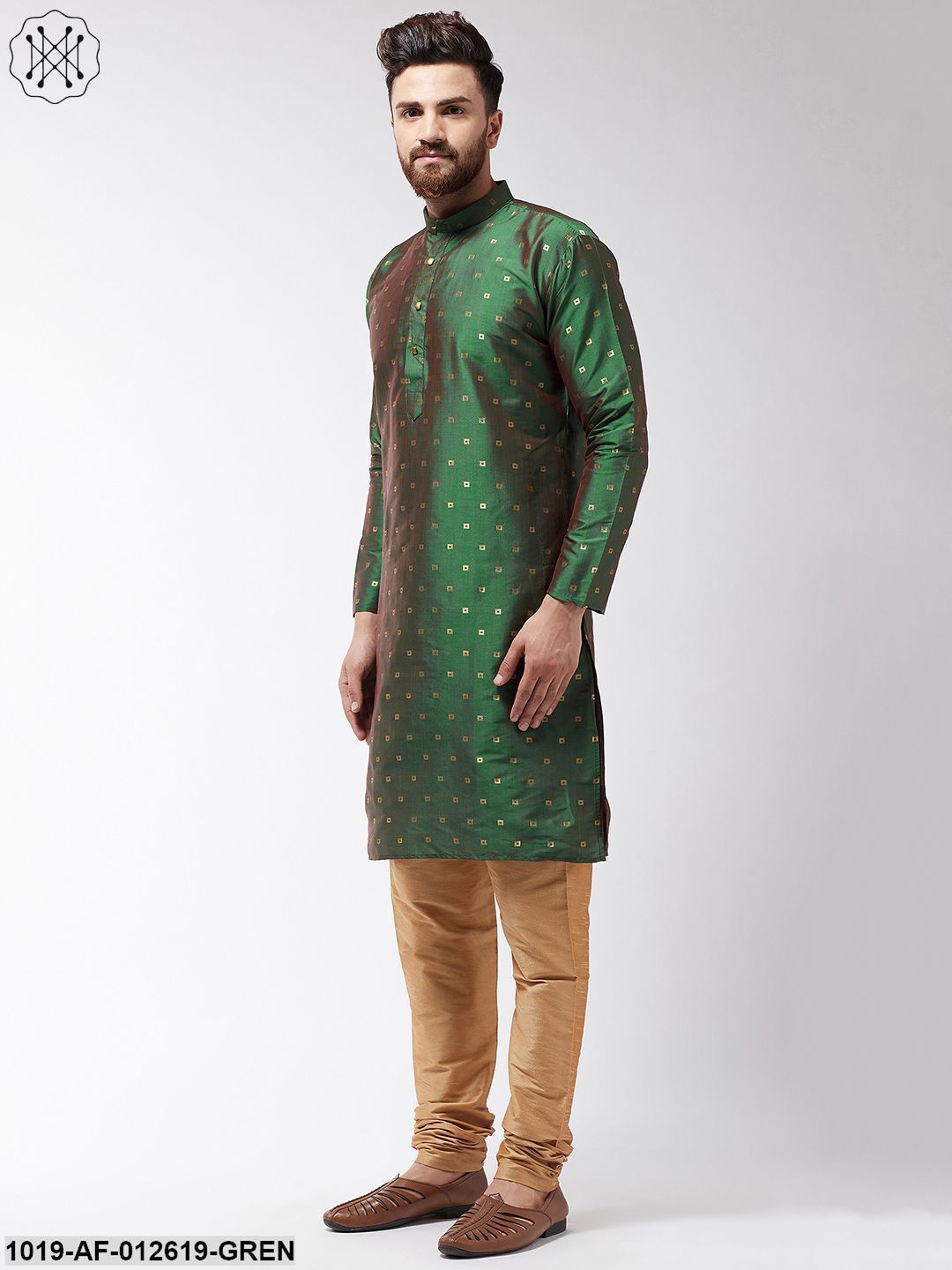Men's Silk Blend Dark Green Kurta & Gold Churidar Pyjama Set - Sojanya