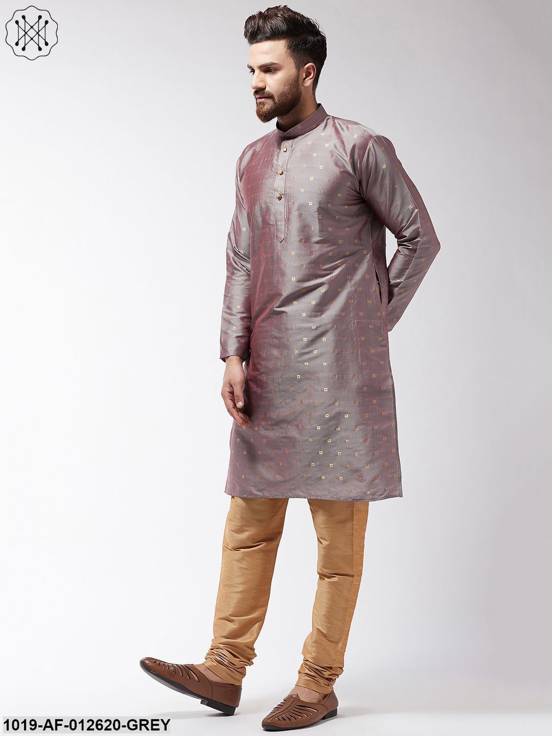 Men's Silk Blend Grey Kurta & Gold Churidar Pyjama Set - Sojanya