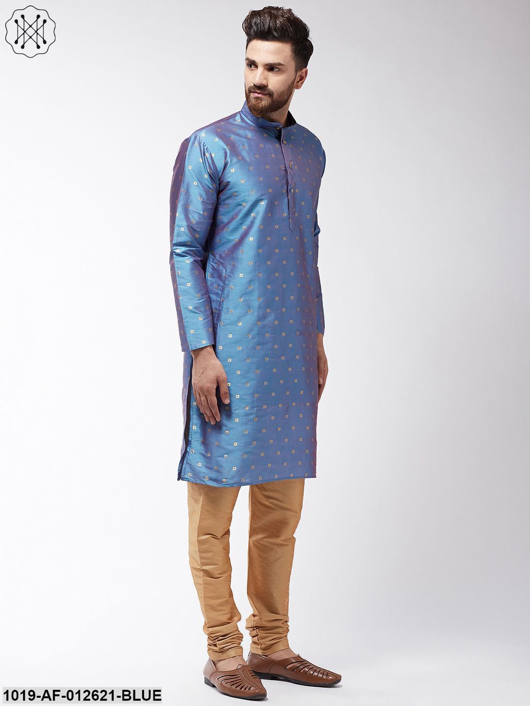 Men's Silk Blend Blue Kurta & Gold Churidar Pyjama Set - Sojanya