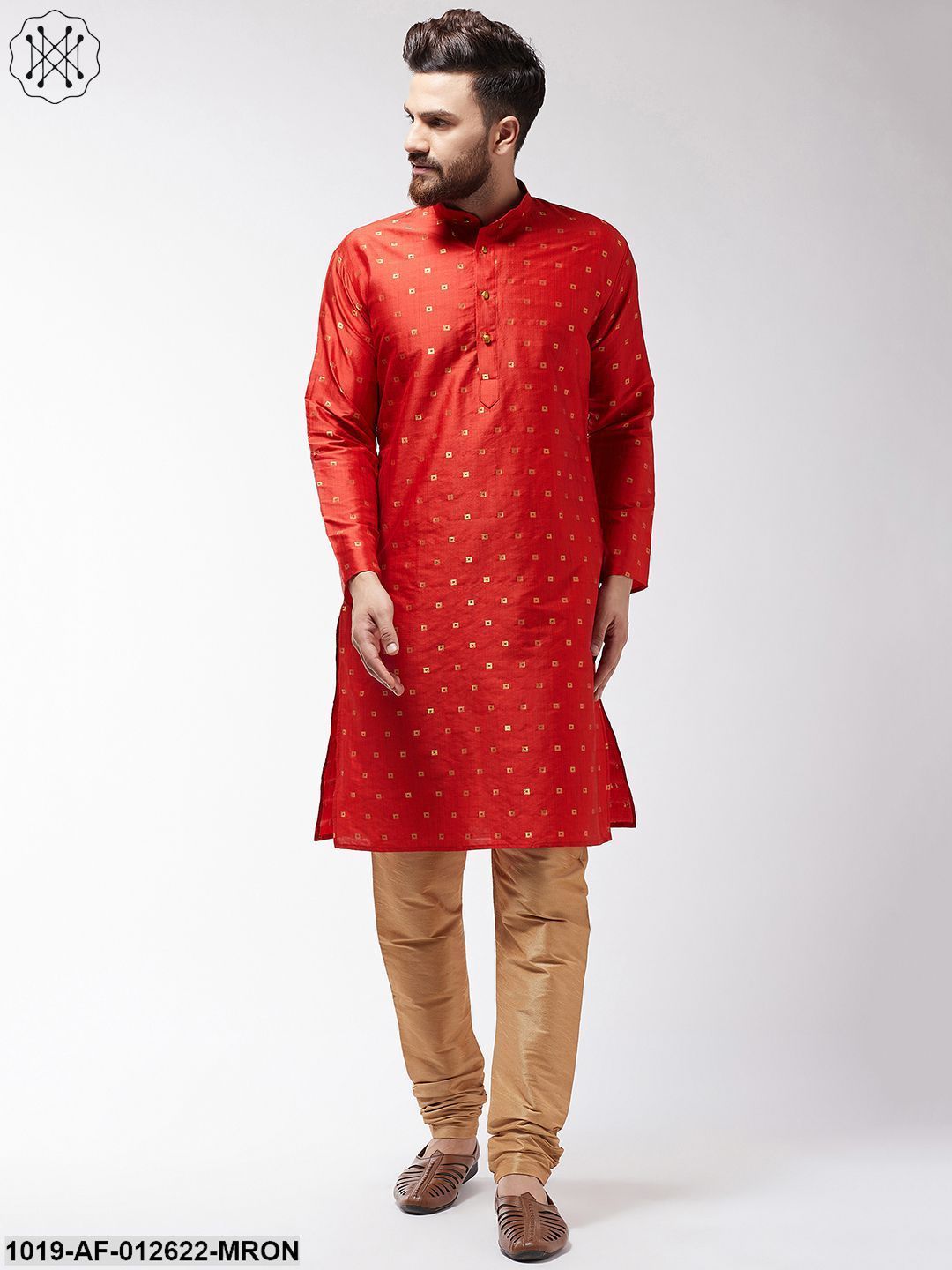 Men's Silk Blend Maroon Kurta & Gold Churidar Pyjama Set - Sojanya