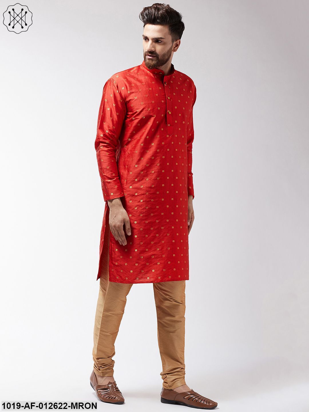 Men's Silk Blend Maroon Kurta & Gold Churidar Pyjama Set - Sojanya