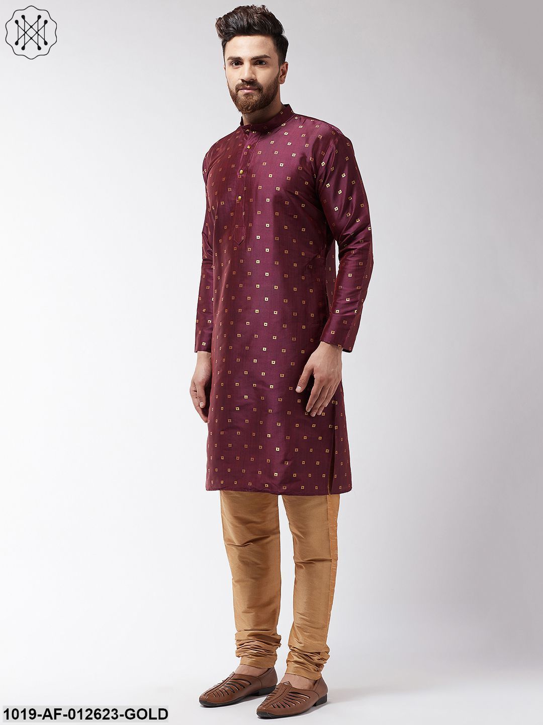 Men's Silk Blend Wine Kurta & Gold Churidar Pyjama Set - Sojanya