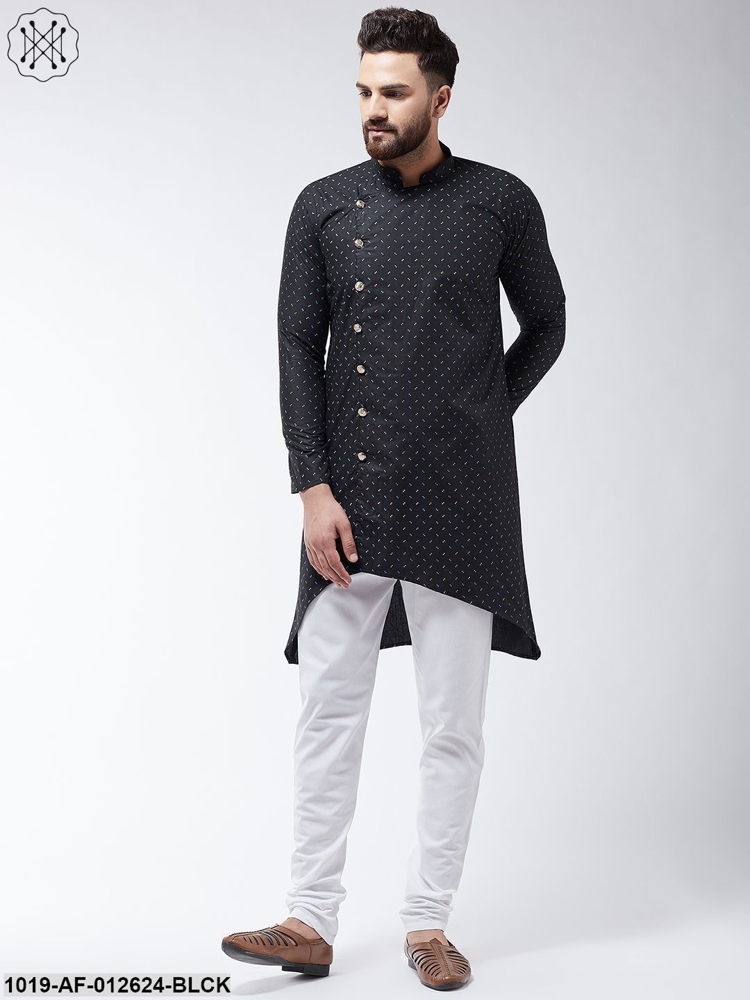 Men's Cotton Blend Black Printed Assymetric Kurta & White Churidar Pyjama Set