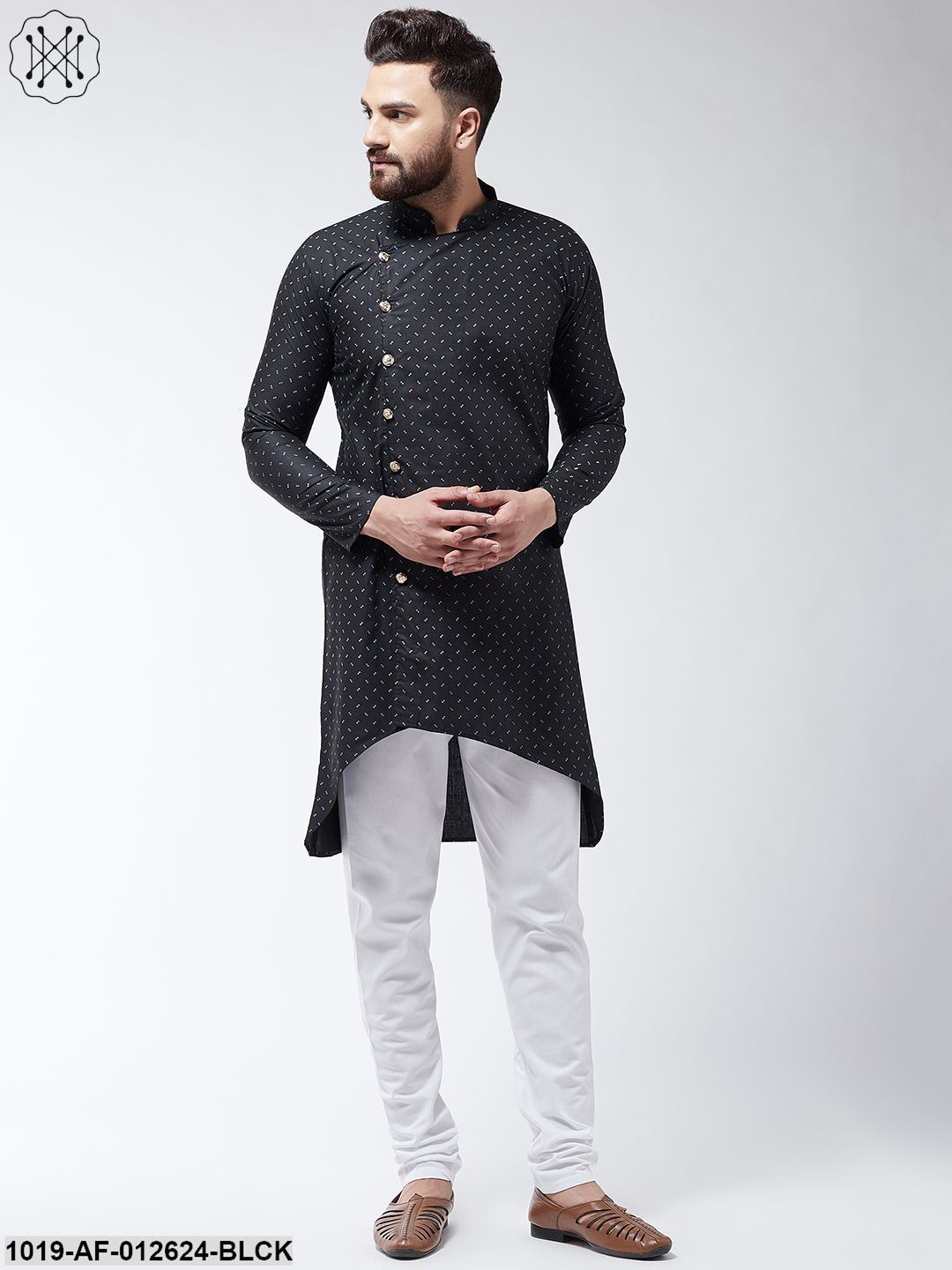 Men's Cotton Blend Black Printed Assymetric Kurta & White Churidar Pyjama Set